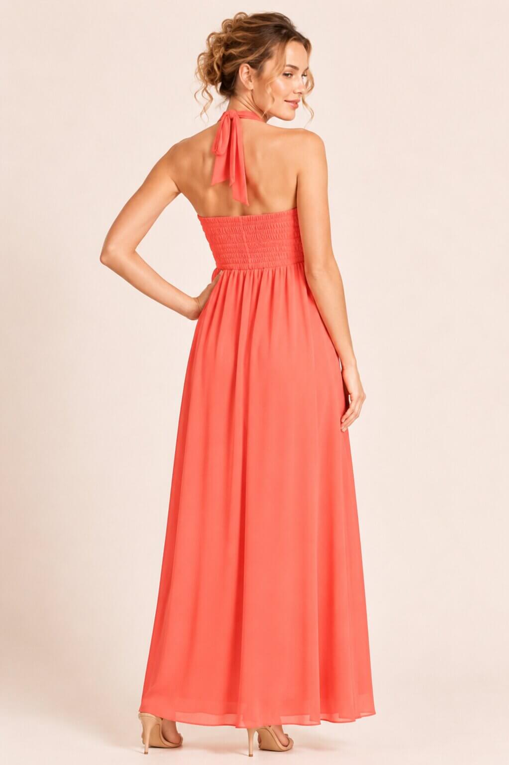 Coraline Coral Embellished Halterneck Evening Dress