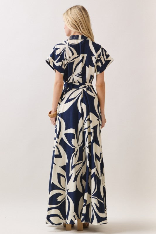 Waitlist 7/3 • Gabby Short Sleeve Waist Tie Floral Print Maxi Dress Navy
