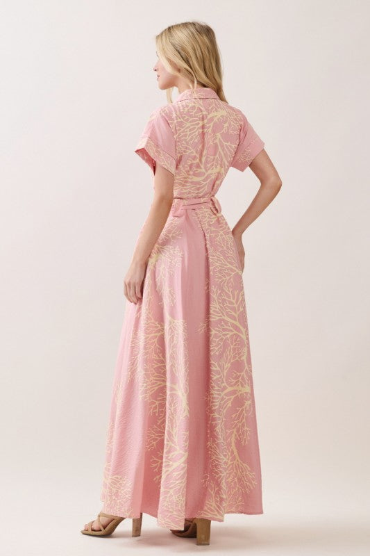 Heidi Short Sleeve Waist Tie Coral Print Maxi Dress Pink