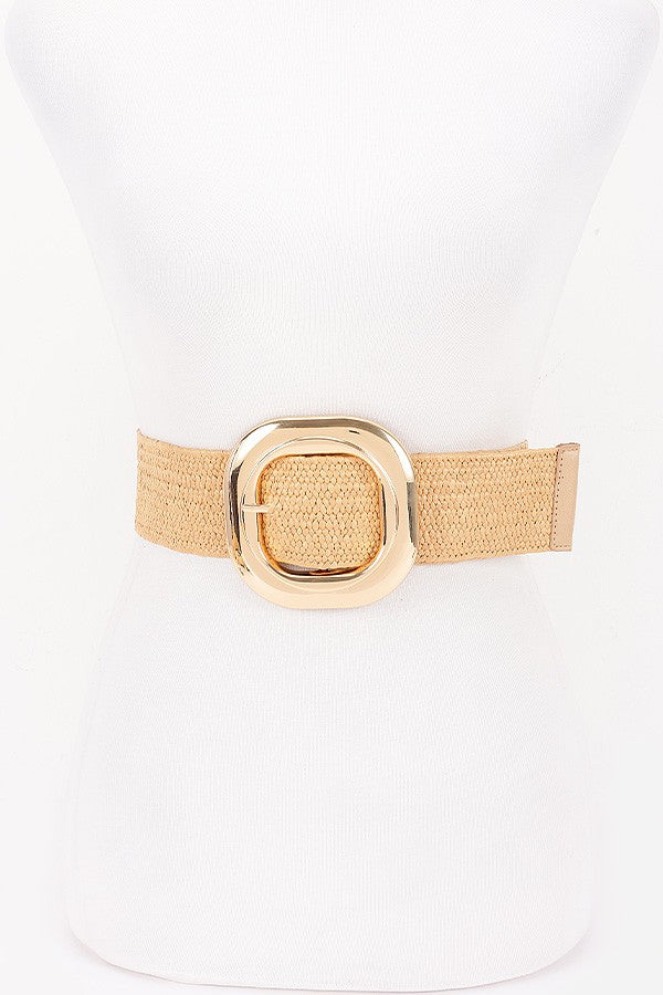 Georgiana Gold Circular Buckle Straw Waist Belt Cream