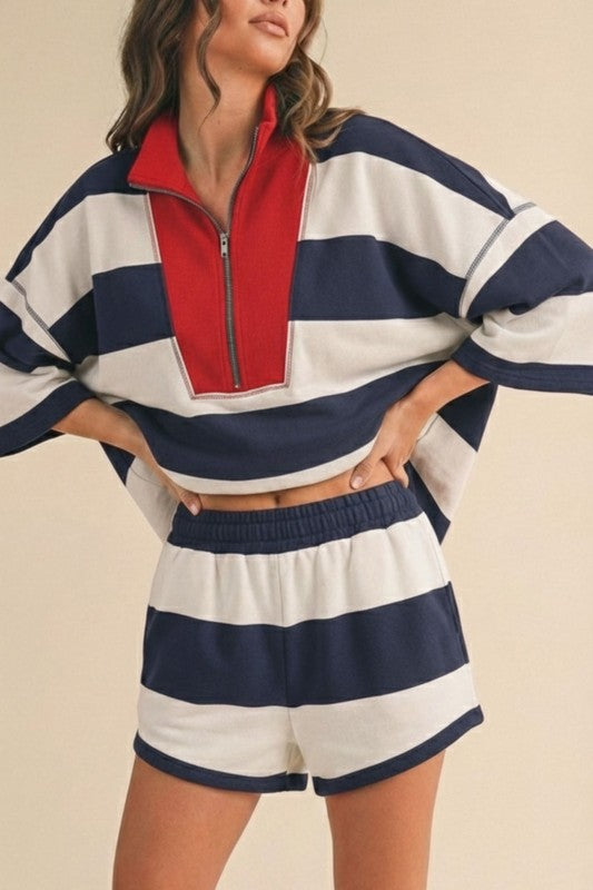 Gemma Short Sleeve Top And High Waist Stripe Print Shorts Set Navy