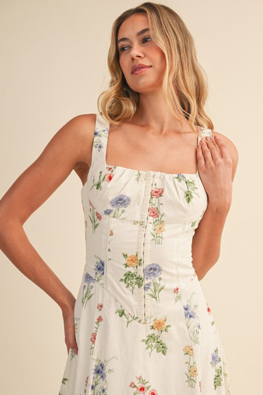 Kariann Sleeveless A-Line Floral Print Midi Dress Cream