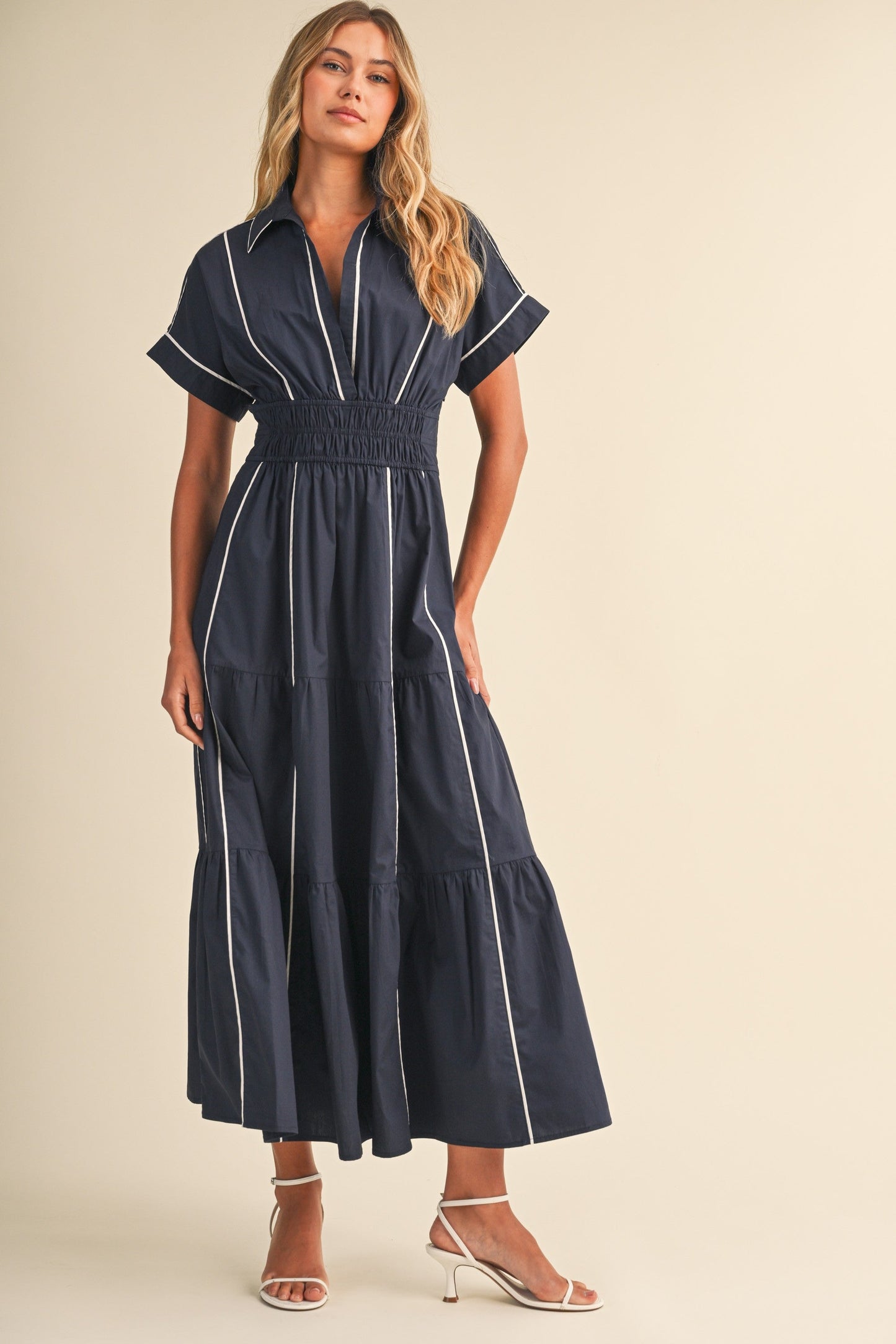 Waitlist 7/25 • Anya Short Sleeve Contrast Piping Maxi Dress Navy