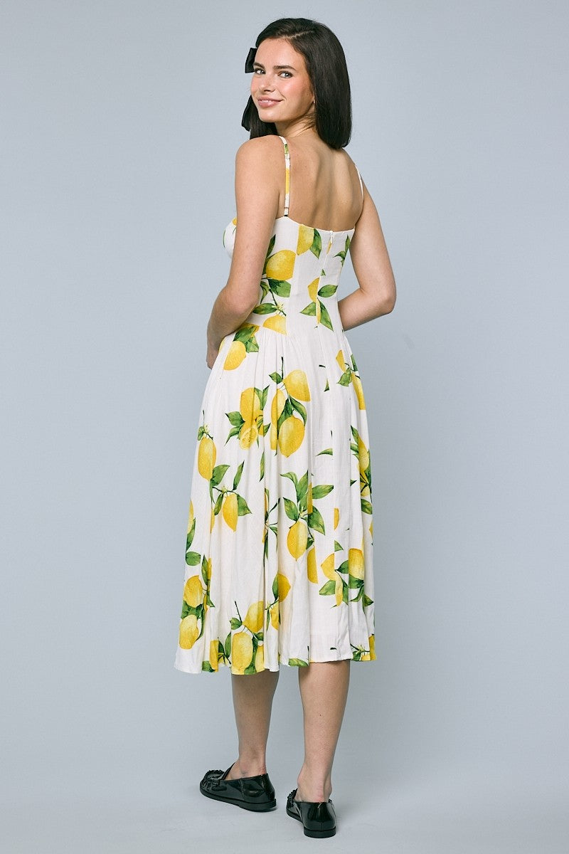 Yuri Sleeveless Lemon Print Midi Dress Yellow
