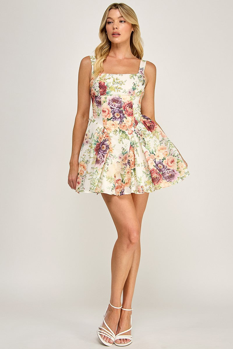 Talen Sleeveless Open Back Vintage Floral Print Mini Dress Ivory