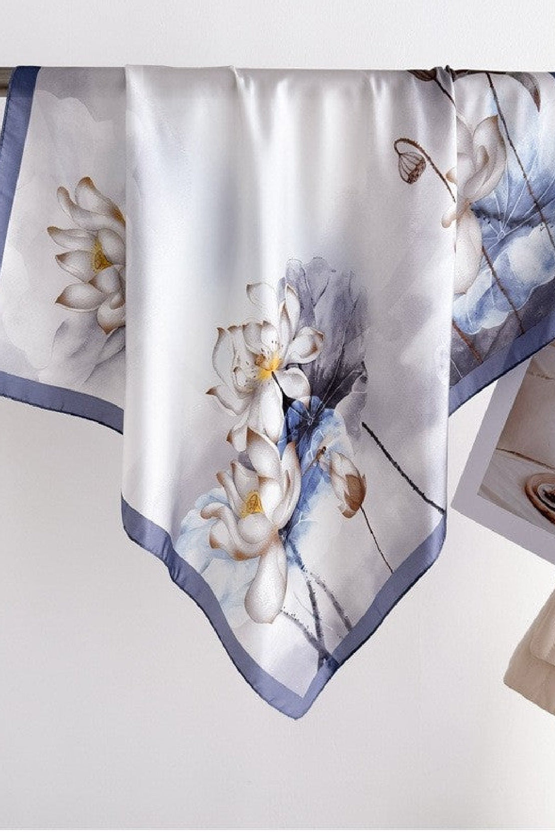 Maris Floral Print Square Elegant Neck Scarf Blue White