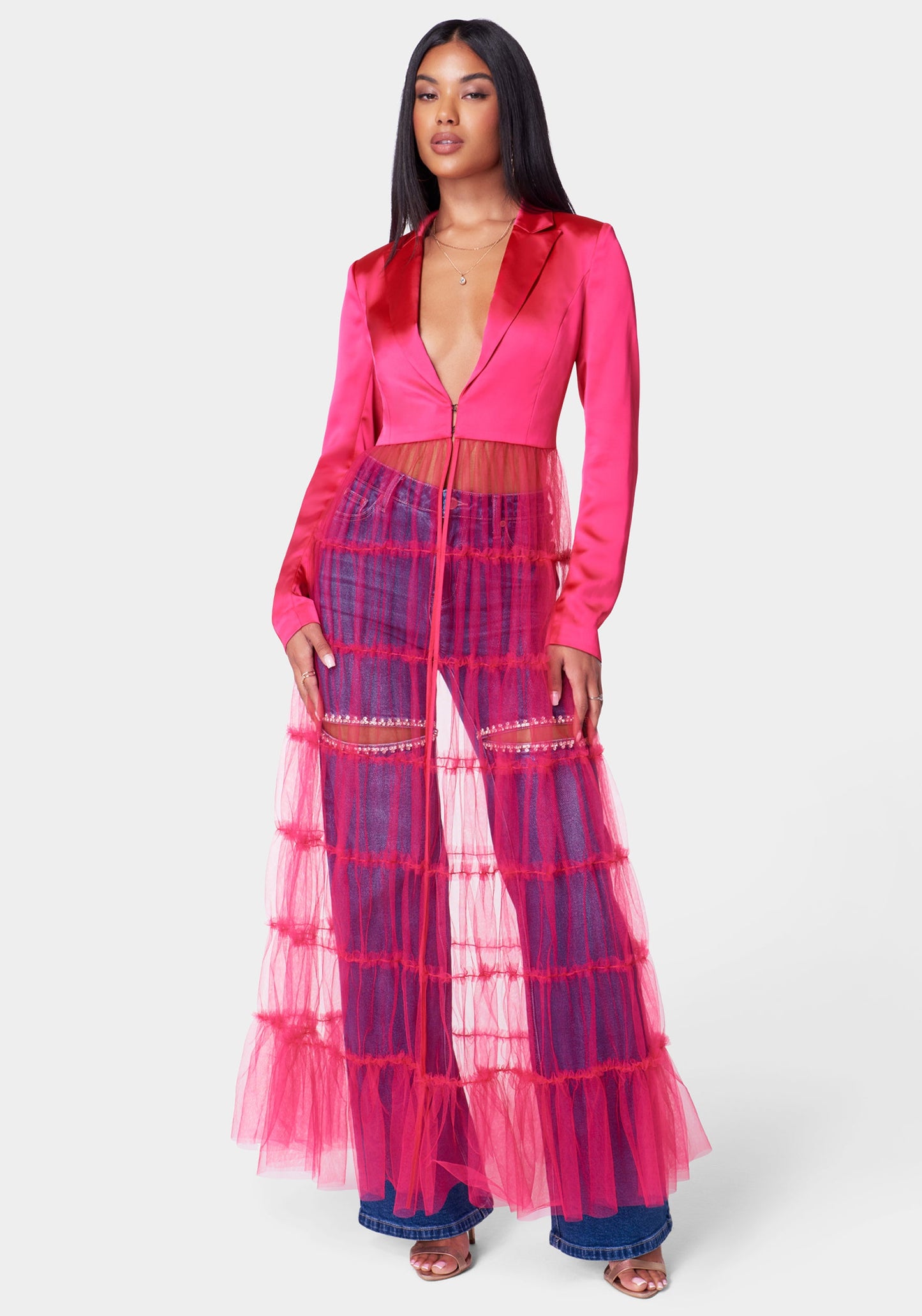 Satin Tailored Jacket With Tulle Hem