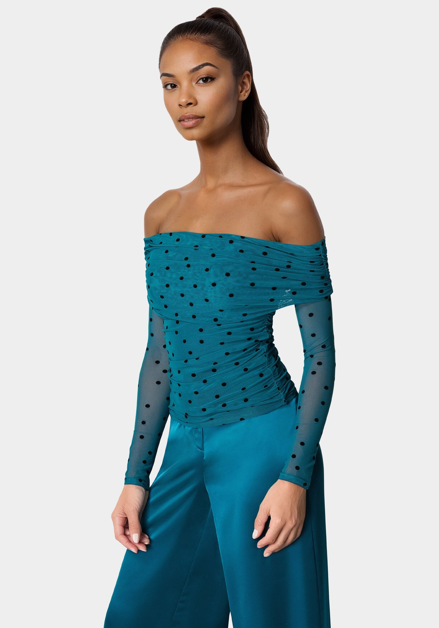 Off Shoulder Flocked Mesh Top