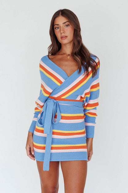 Cameo Batwing Knit Dress Striped Blue
