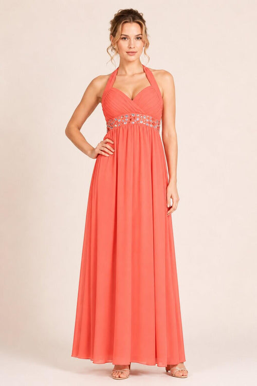 Coraline Coral Embellished Halterneck Evening Dress
