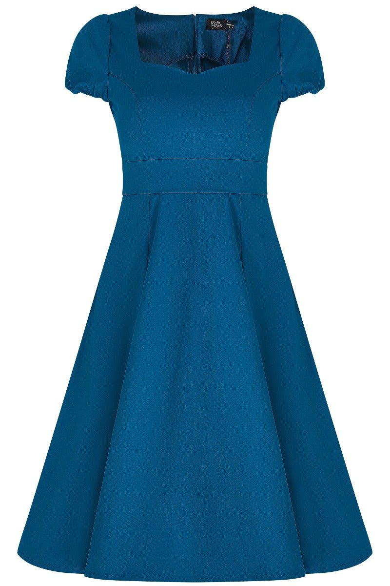 Claudia Flirty Fifties Style Dress in Peacock Blue