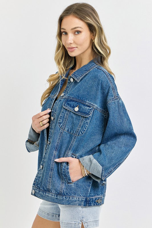 Mae Long Sleeve Button Down Oversized Denim Jacket Dark Wash