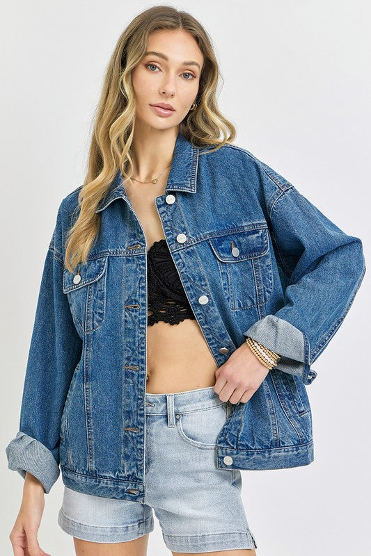 Mae Long Sleeve Button Down Oversized Denim Jacket Dark Wash