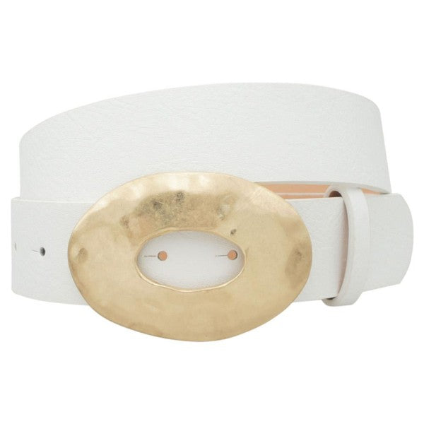 Katie Hammered Oval Buckle Belt White