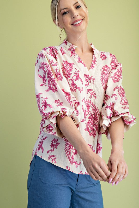 Florence Balloon Sleeve Button Down Printed Top Fuchsia