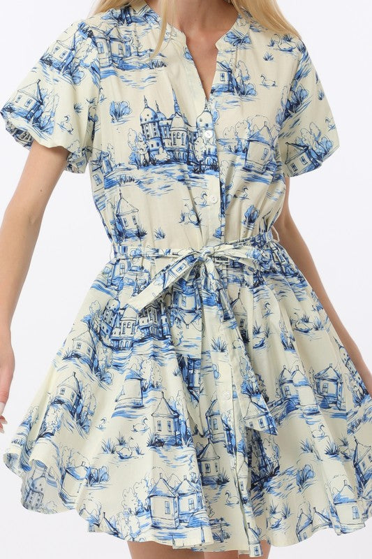Joy Short Sleeve Belted Button Down Scenic Print Mini Dress Blue