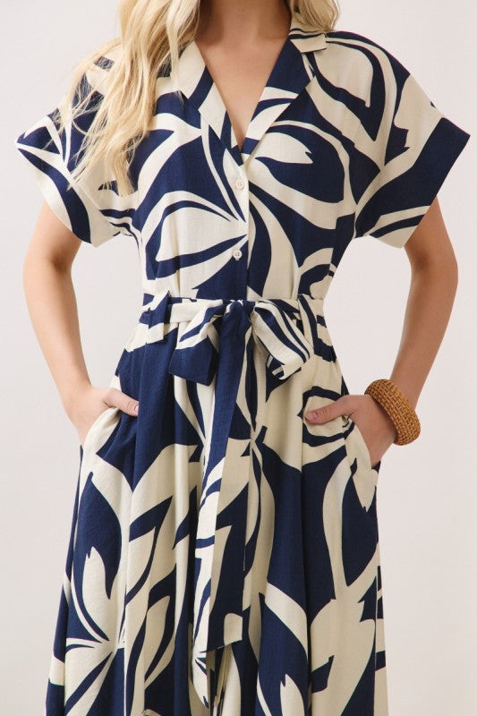 Waitlist 7/3 • Gabby Short Sleeve Waist Tie Floral Print Maxi Dress Navy