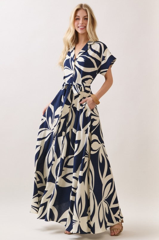 Waitlist 7/3 • Gabby Short Sleeve Waist Tie Floral Print Maxi Dress Navy