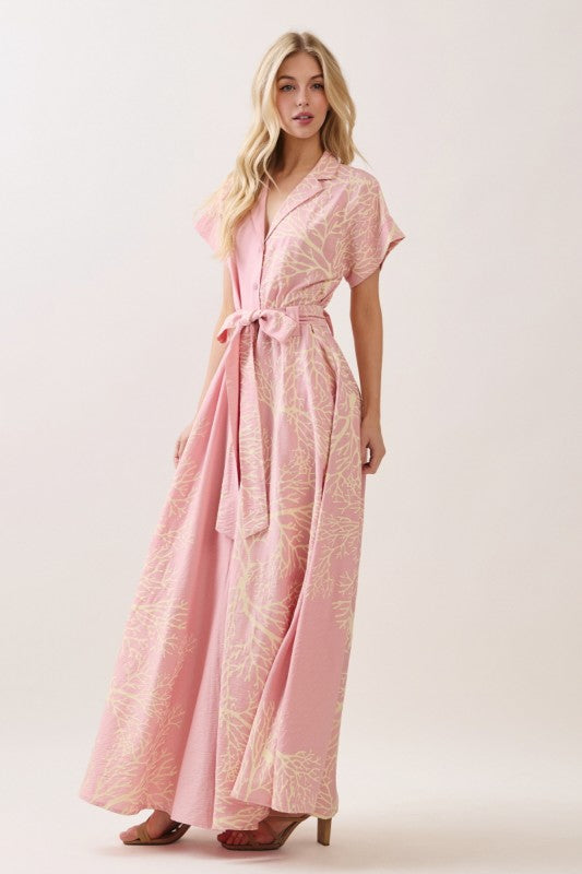 Heidi Short Sleeve Waist Tie Coral Print Maxi Dress Pink