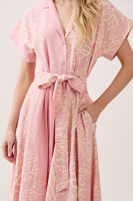 Heidi Short Sleeve Waist Tie Coral Print Maxi Dress Pink