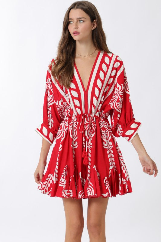 Justine 3/4 Dolman Sleeve Waist Tie Abstract Print Mini Dress Red