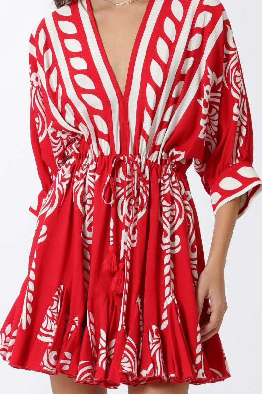 Justine 3/4 Dolman Sleeve Waist Tie Abstract Print Mini Dress Red