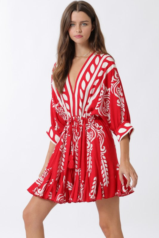 Justine 3/4 Dolman Sleeve Waist Tie Abstract Print Mini Dress Red