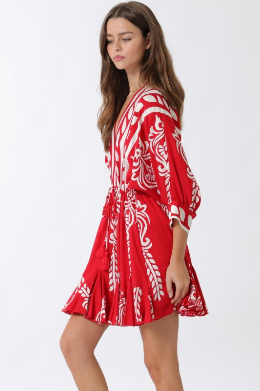 Justine 3/4 Dolman Sleeve Waist Tie Abstract Print Mini Dress Red
