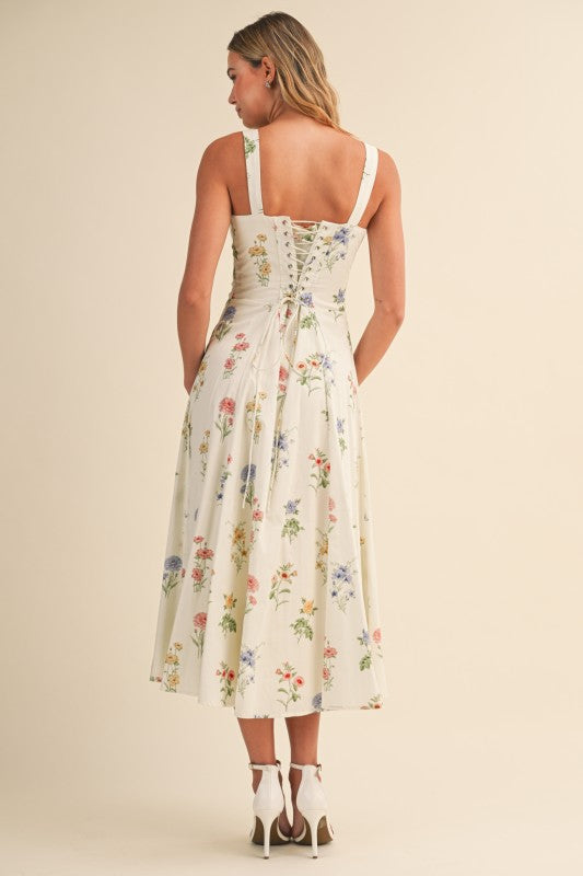 Kariann Sleeveless A-Line Floral Print Midi Dress Cream