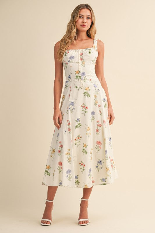 Kariann Sleeveless A-Line Floral Print Midi Dress Cream