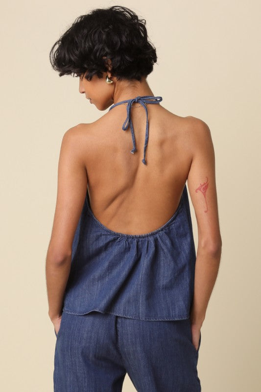 Brinley Sleeveless Halter Back Tie Denim Top Blue
