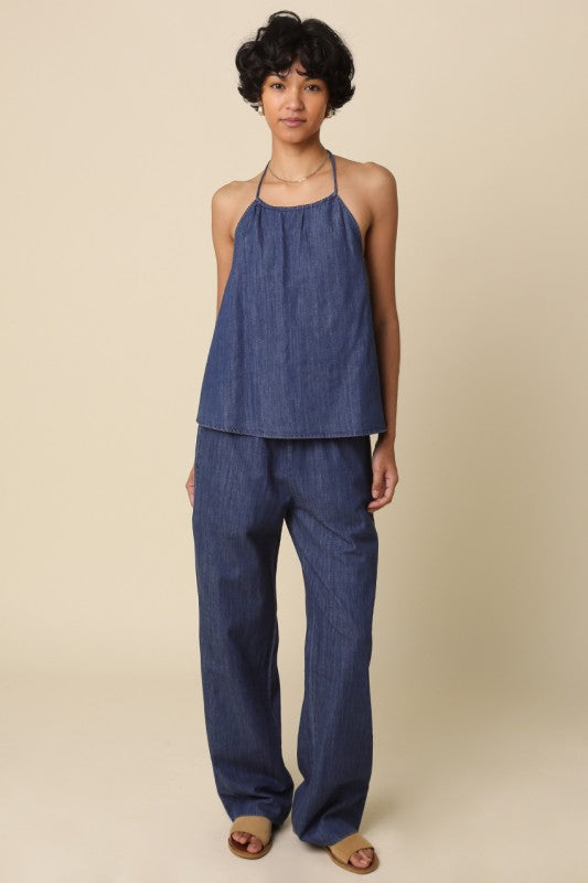 Brinley Sleeveless Halter Back Tie Denim Top Blue