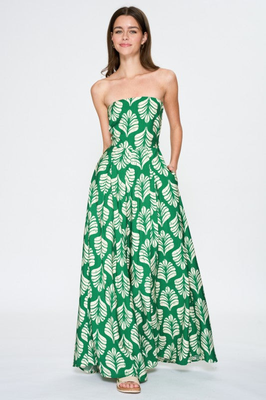 Fara Sleeveless Leaf Print Maxi Dress Green