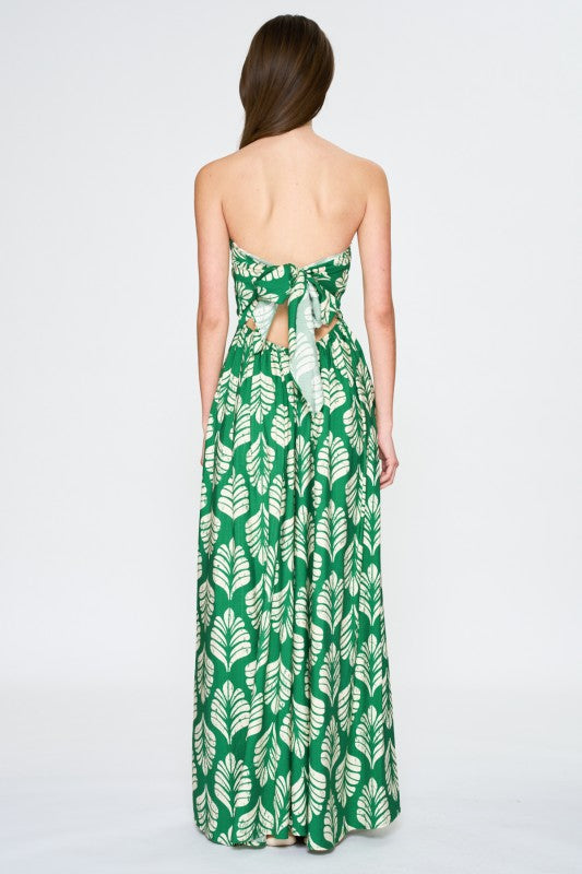 Fara Sleeveless Leaf Print Maxi Dress Green