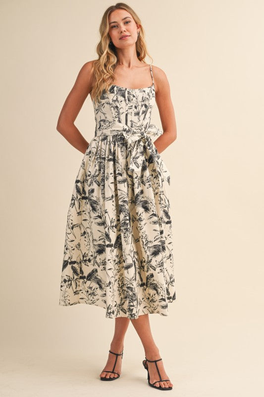 Waitlist 7/20 • Lauren Sleeveless Waist Tie Floral Print Midi Dress Black