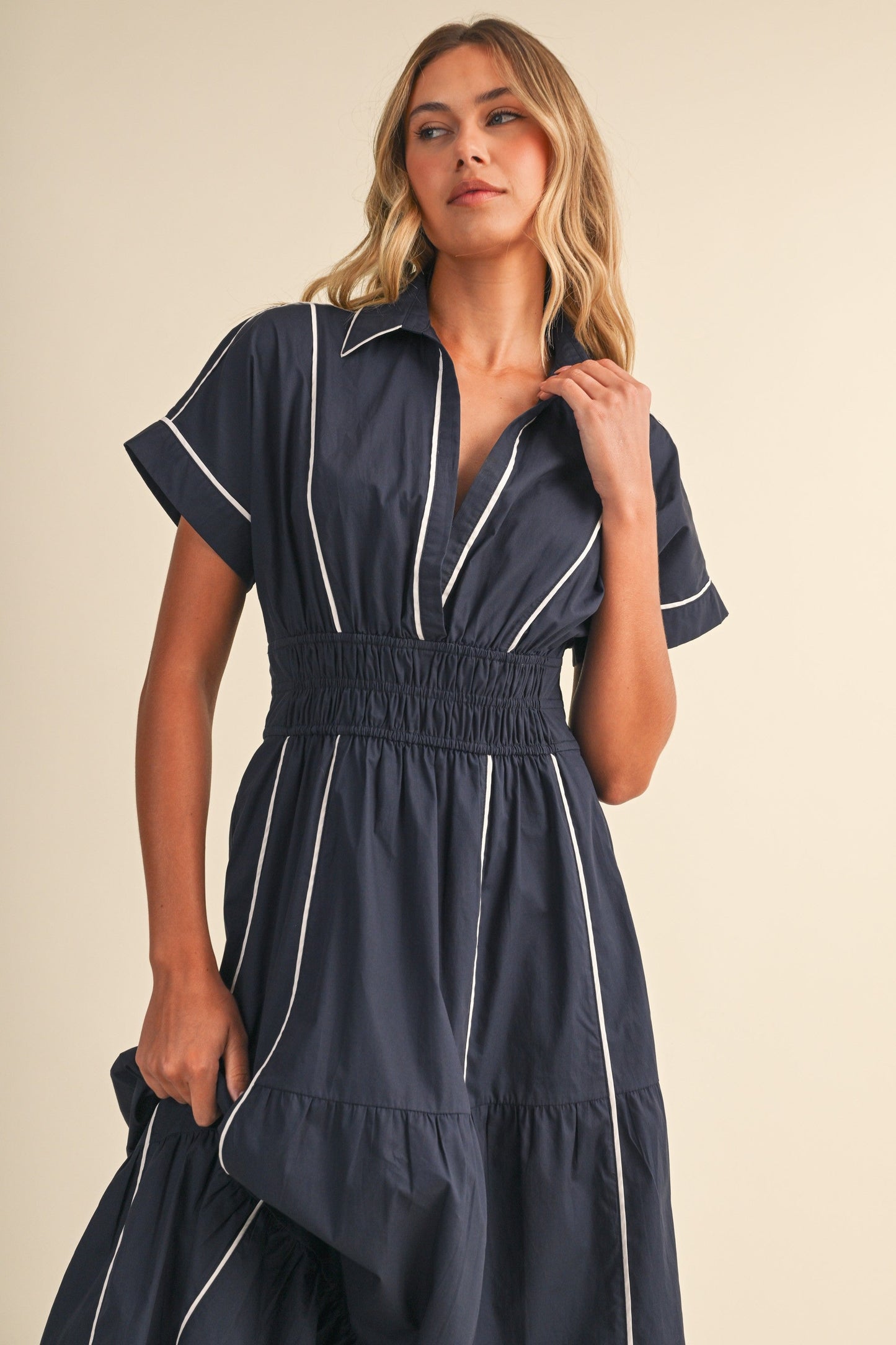 Waitlist 7/25 • Anya Short Sleeve Contrast Piping Maxi Dress Navy