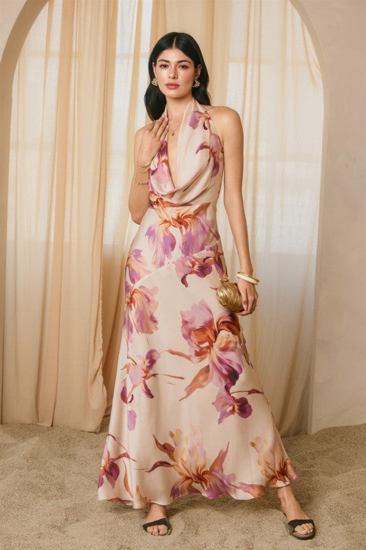 Waitlist 7/26 • Rowan Sleeveless Halter Floral Print Maxi Dress Pink