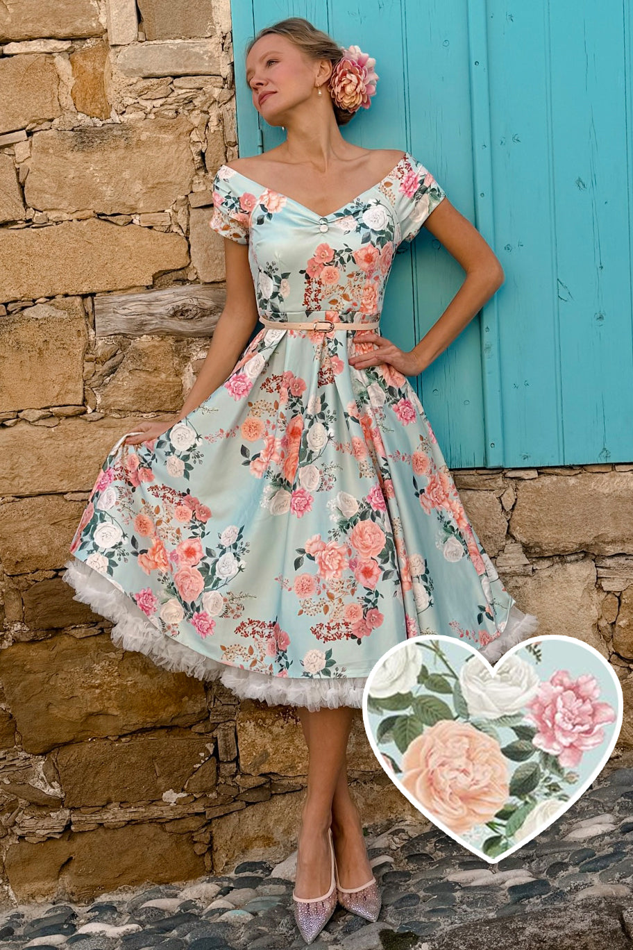 Lily 50s Style Floral Off Shoulder Dress In Mint