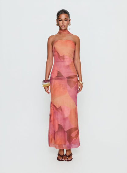 Davynn Scarf Detail Strapless Maxi Dress Pink Multi