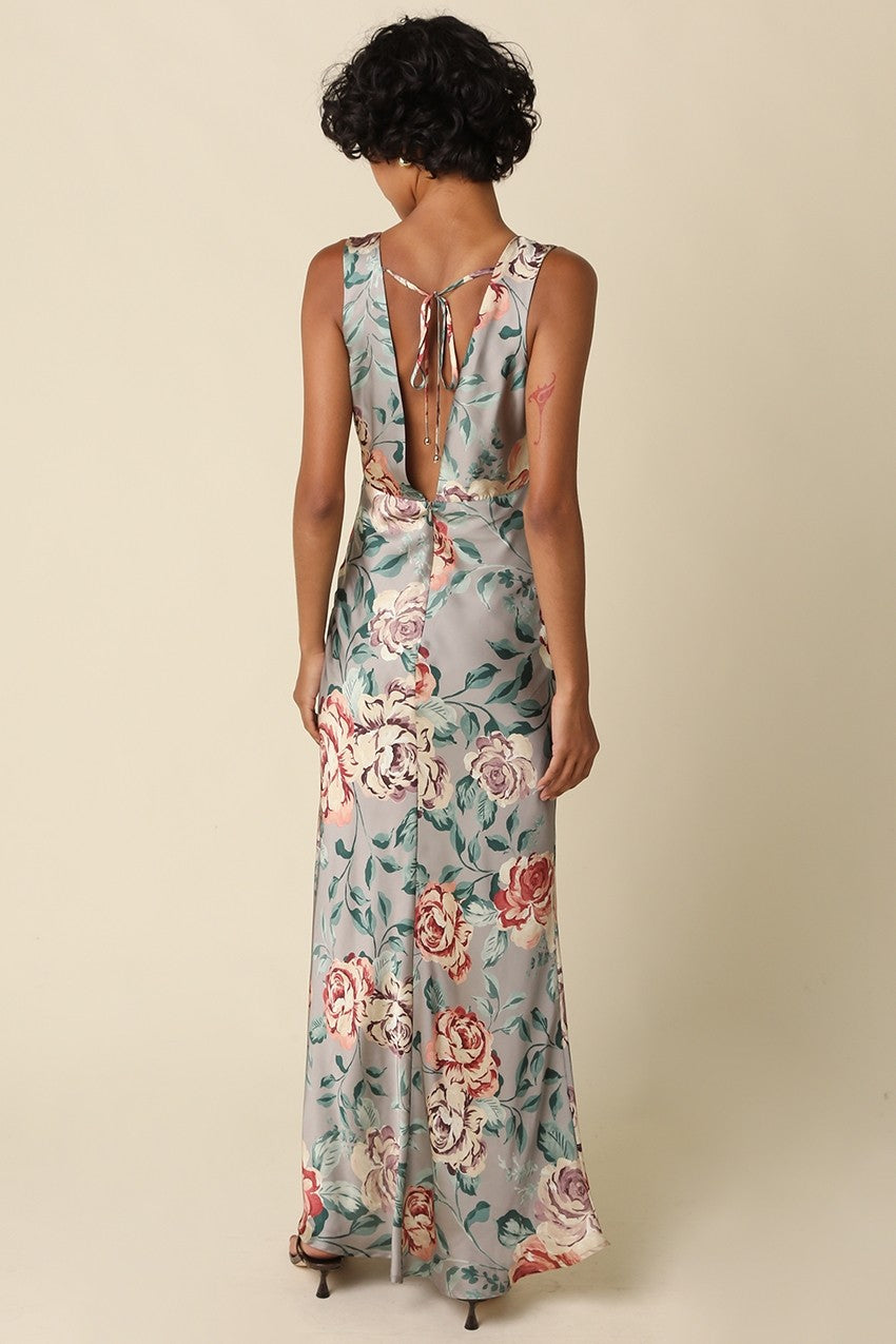 Waitlist 8/20 • Rosa Sleeveless Open Back Elegant Floral Print Satin Maxi Dress Sage