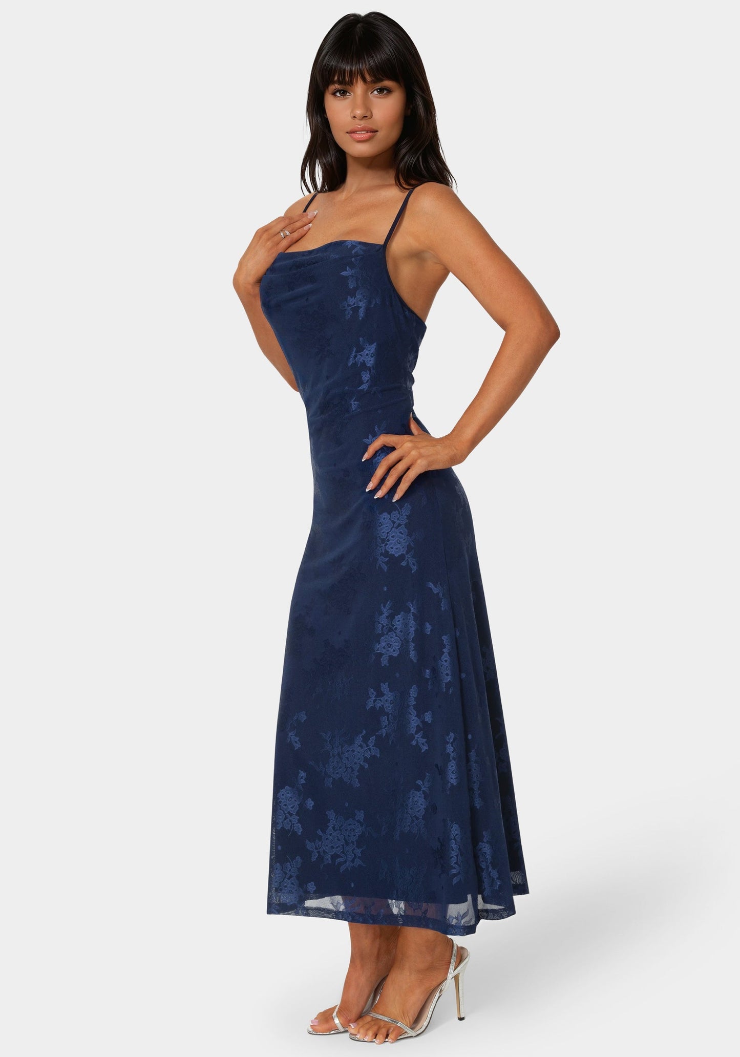 Jacquard Mesh Cowl A-Line Maxi Dress