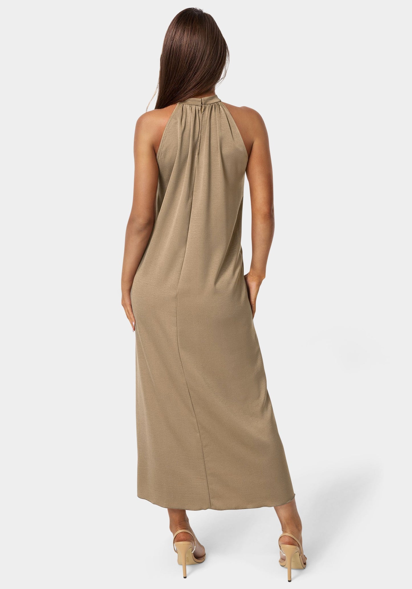 Crushed Satin Mock Neck Maxi Dress