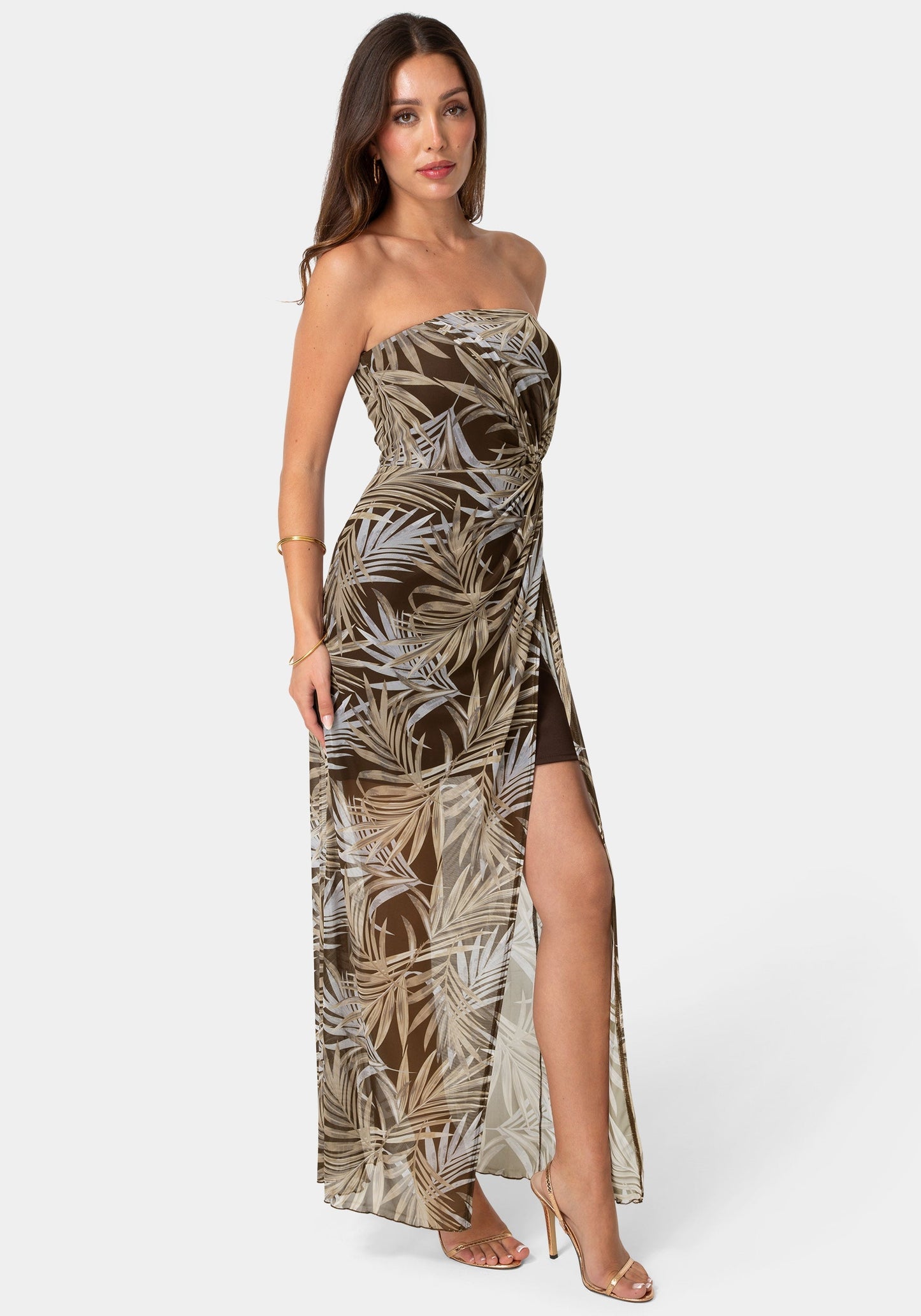 Printed Mesh Twist Waist Strapless Maxi Dress