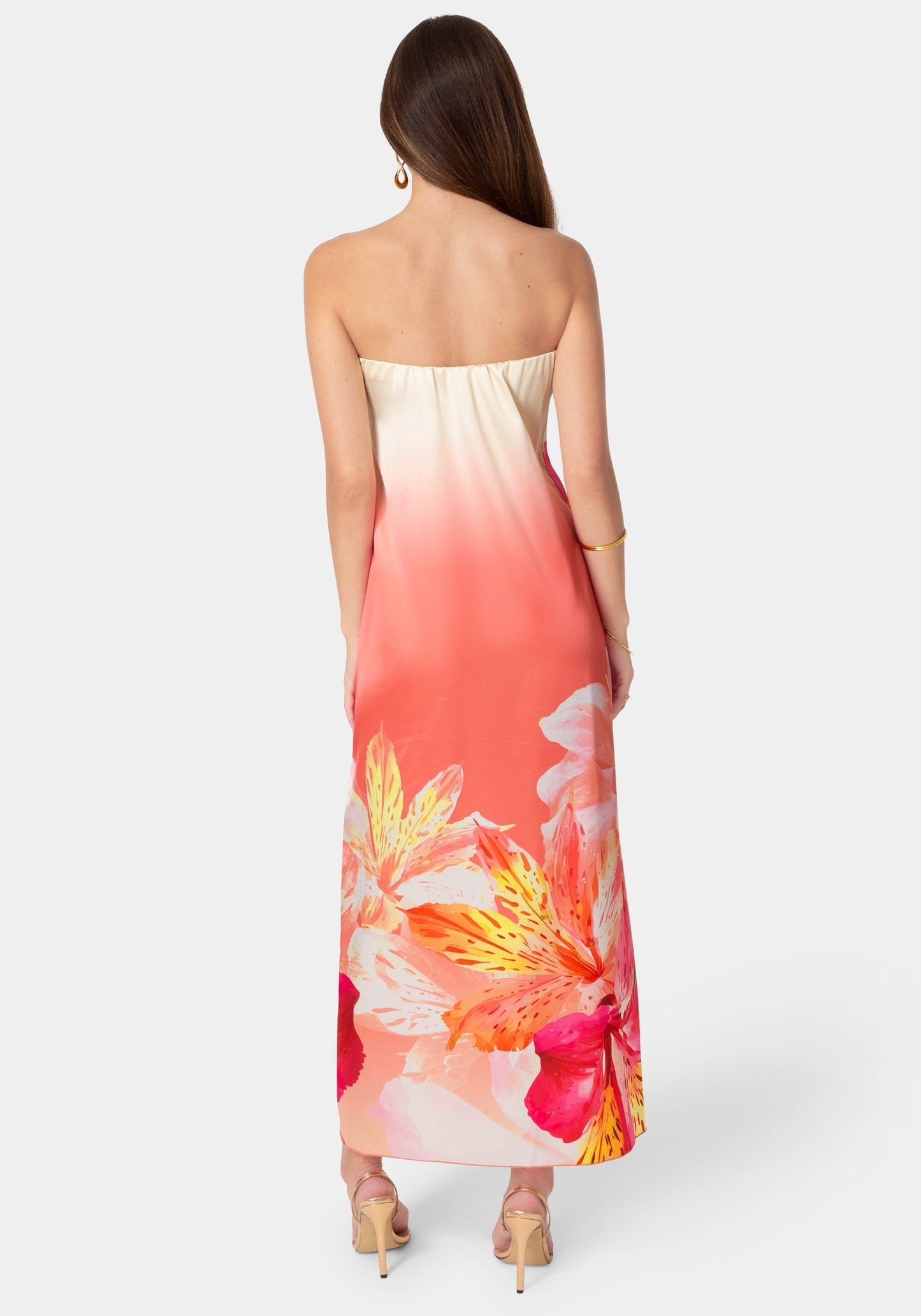 Printed Satin Strapless Maxi Dress