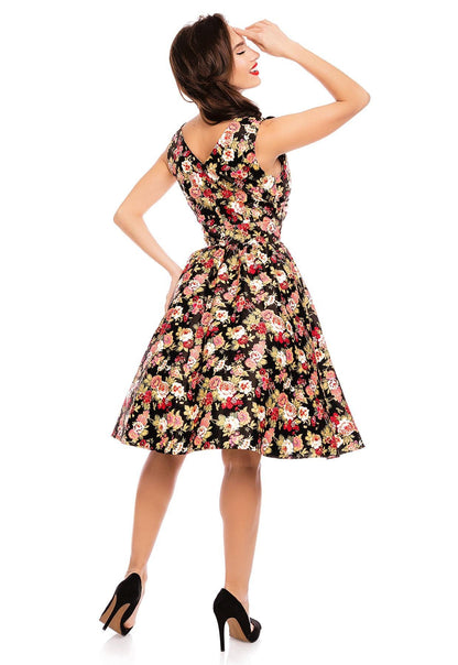 May V-neck 50s Style Floral Dress in Black-Pink