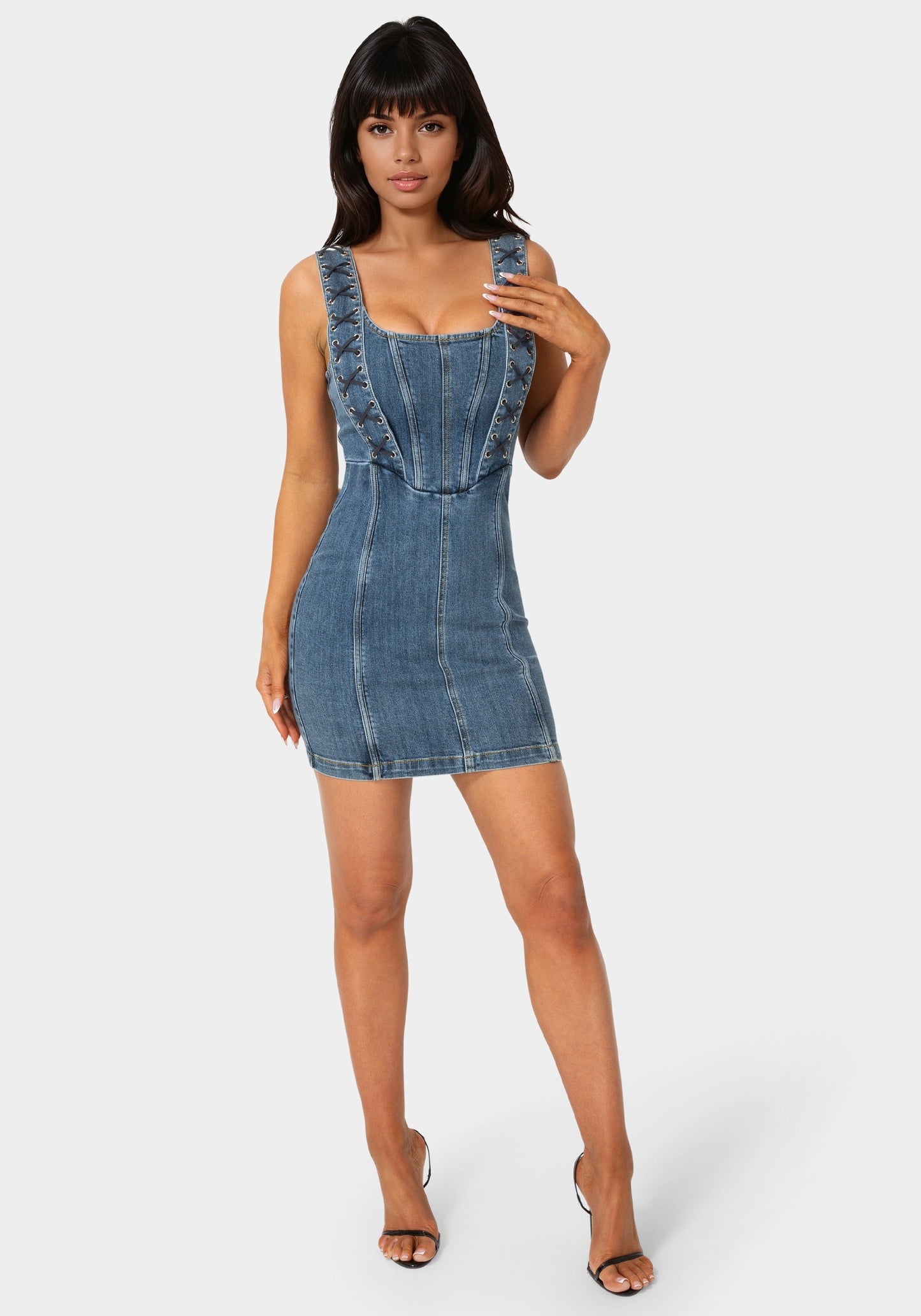 Bow Fitted Eyelet Denim Dress