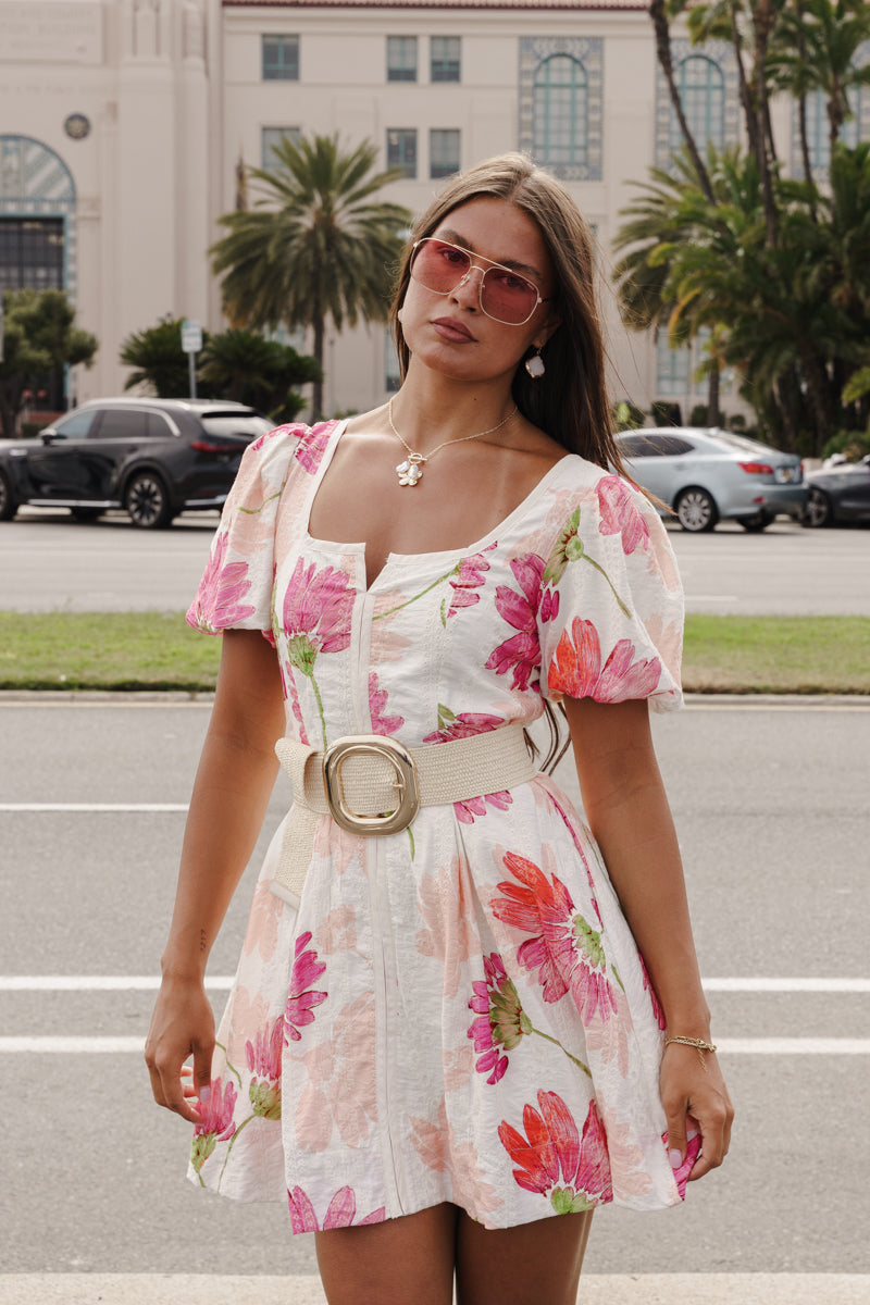 Franny Short Bubble Sleeve Floral Print Mini Dress Pink