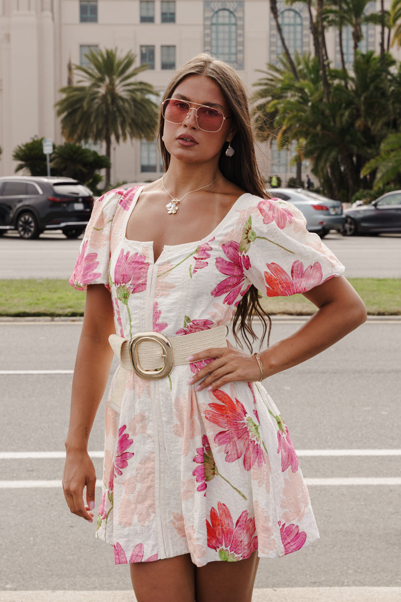 Georgiana Gold Circular Buckle Straw Waist Belt Cream