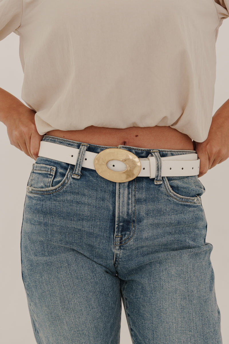 Katie Hammered Oval Buckle Belt White