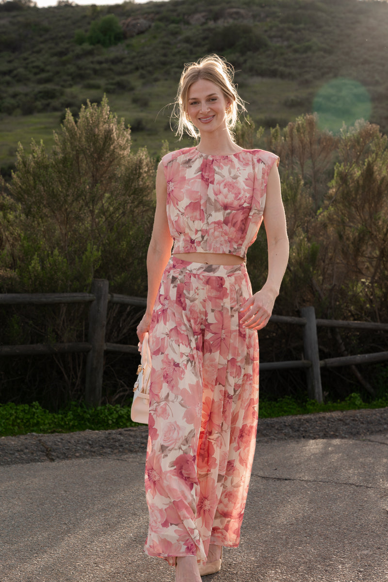Elowen High Waist Wide Leg Floral Print Pants Pink